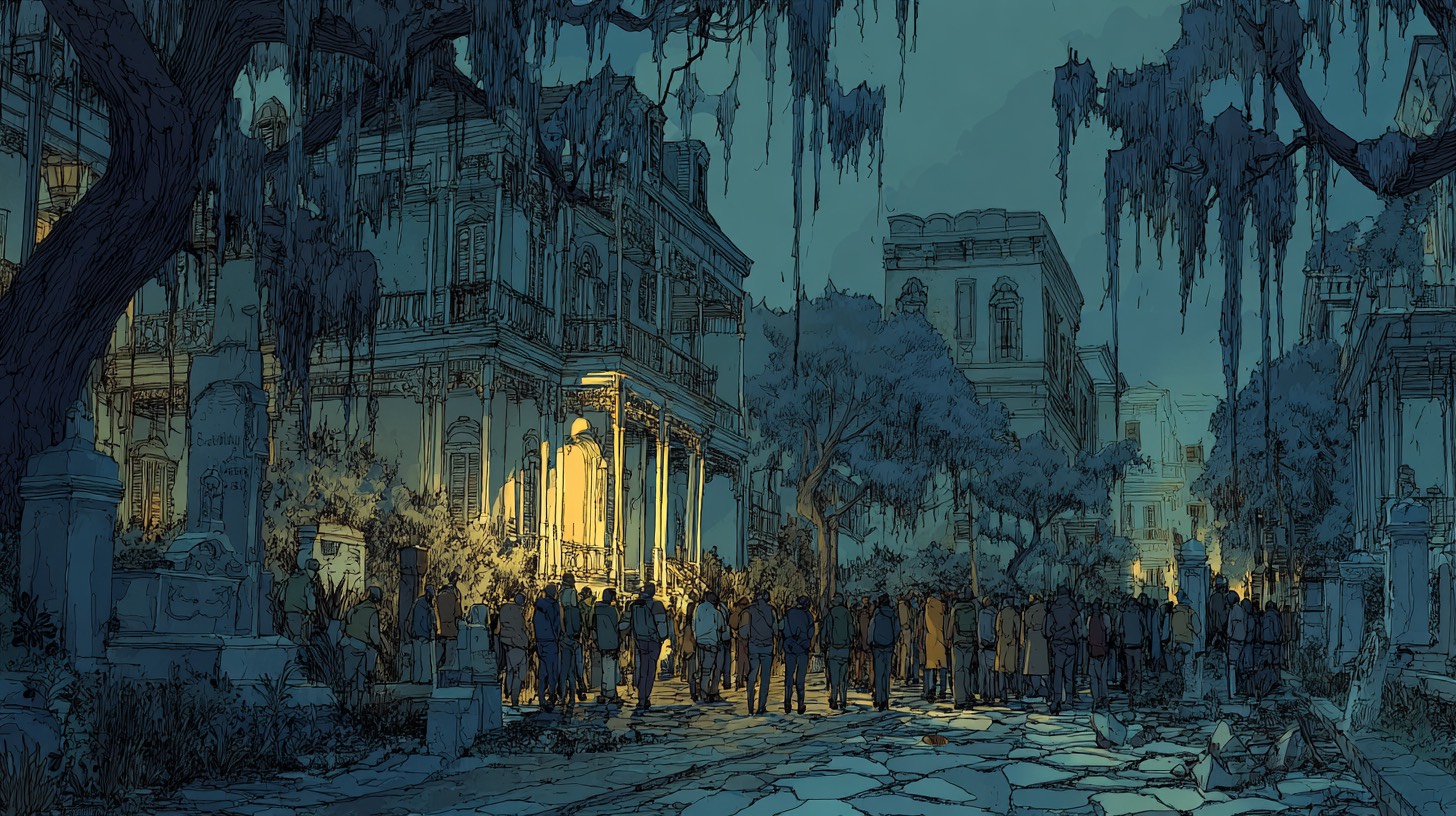 New Orleans Garden District street at night, group of students walking