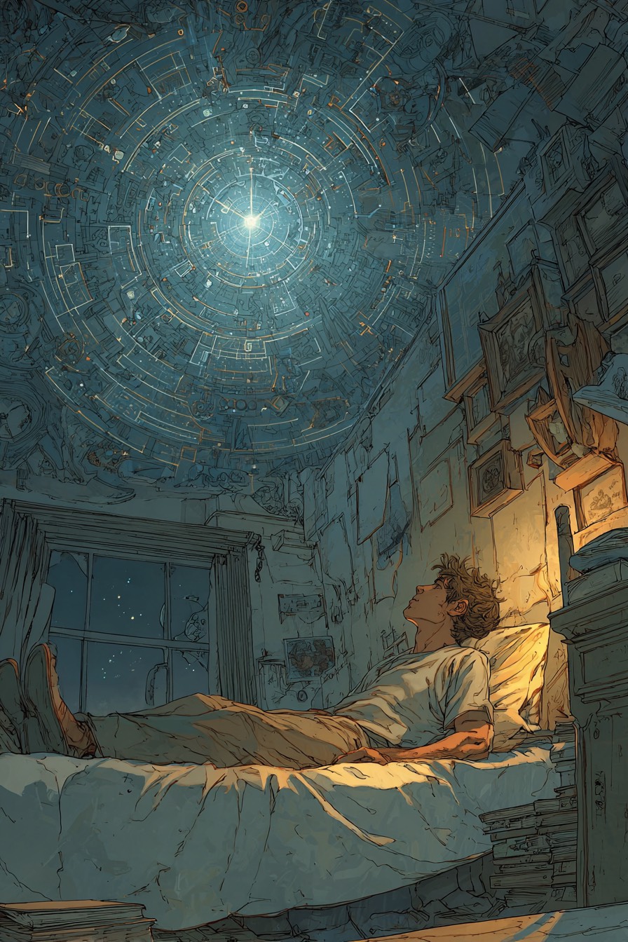 Young man in childhood bed staring at ceiling