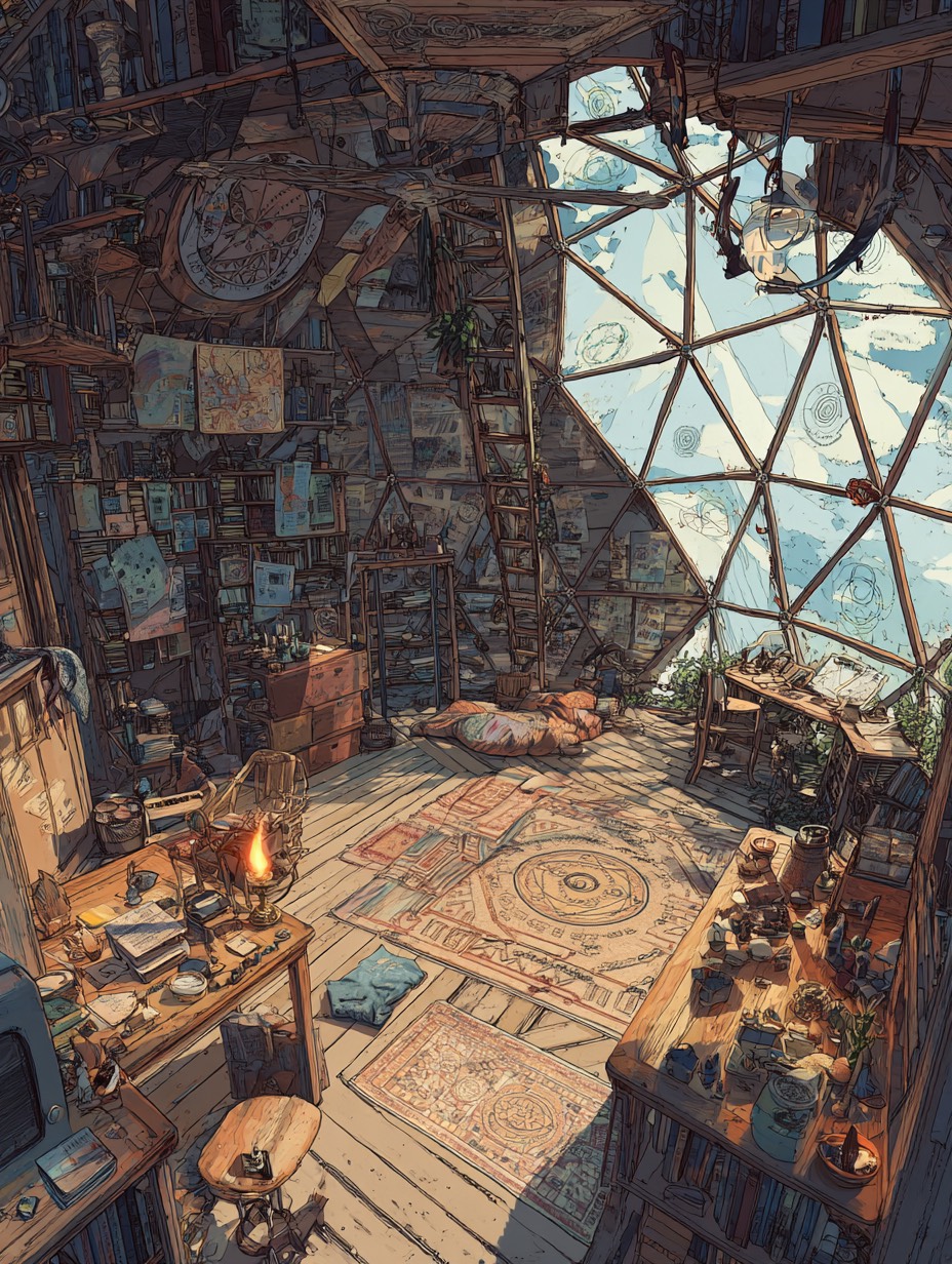 Interior of geodesic dome home with sacred geometry diagrams on walls