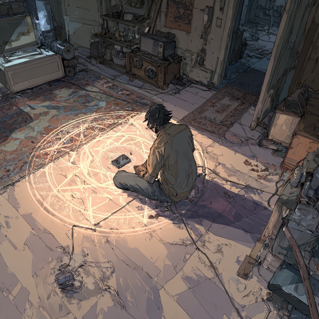 New Orleans apartment empty room, young man sitting cross-legged on floor