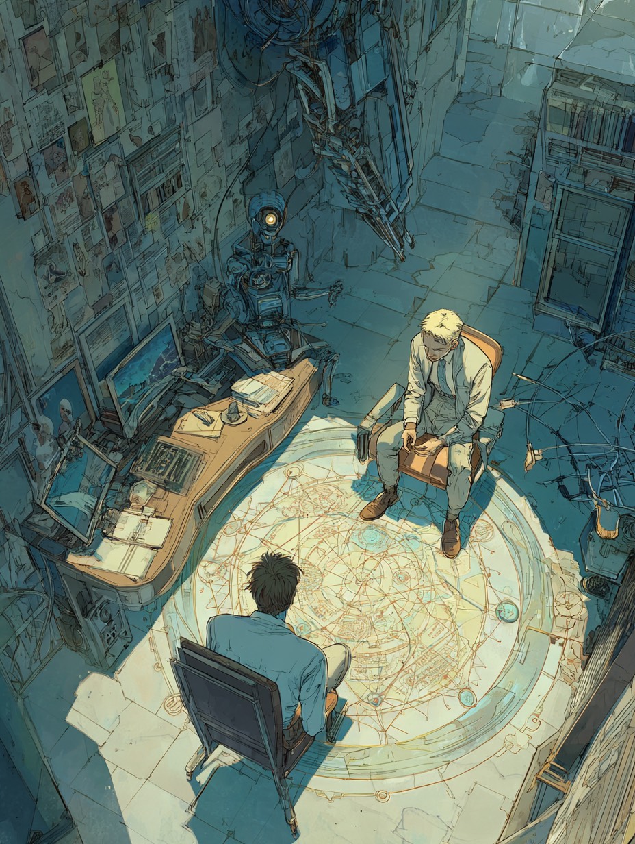 Tulane office with German meditation teacher Hans in robotic stillness