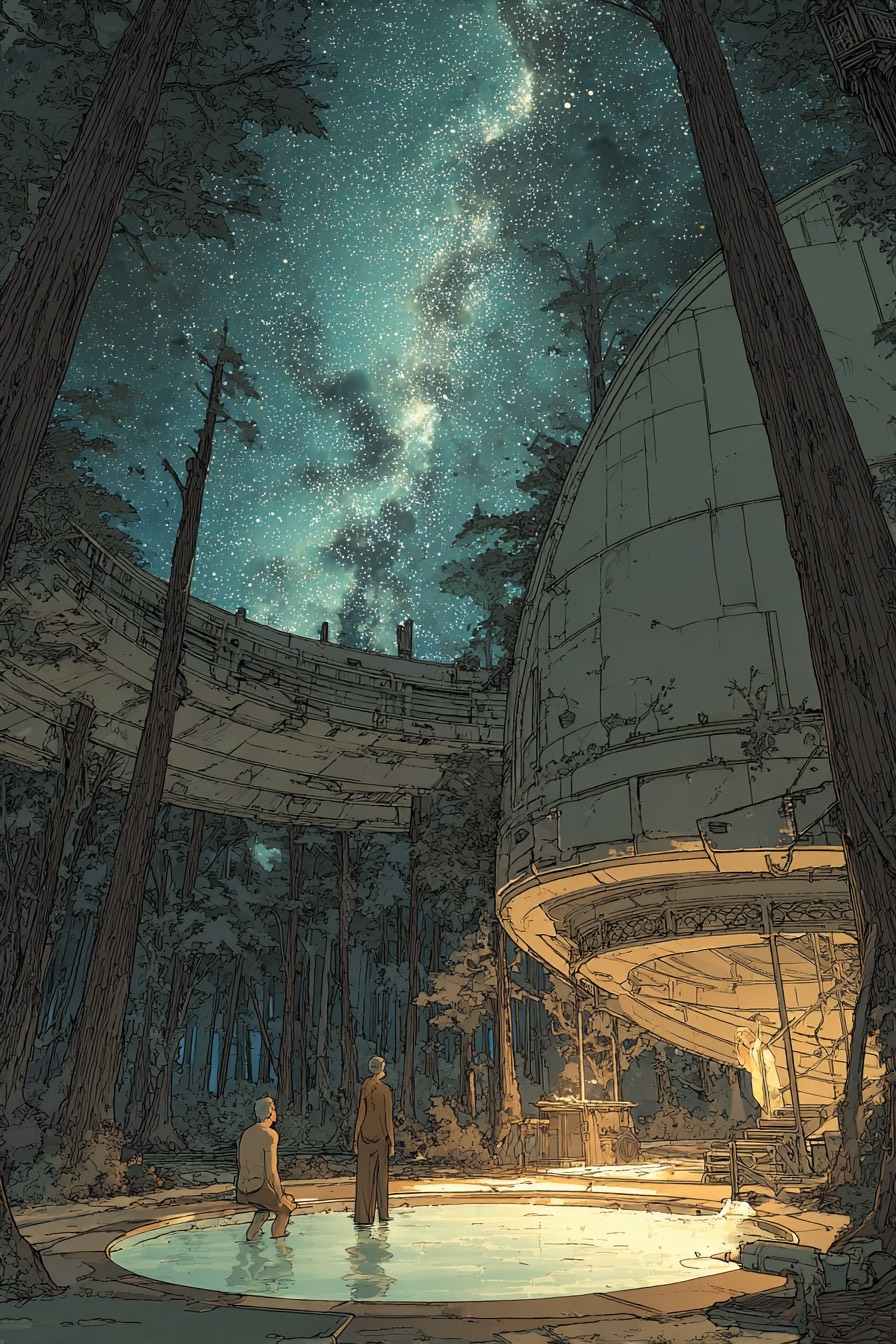 Solstice Grove jacuzzi at night, Michael and young man in hot water under stars