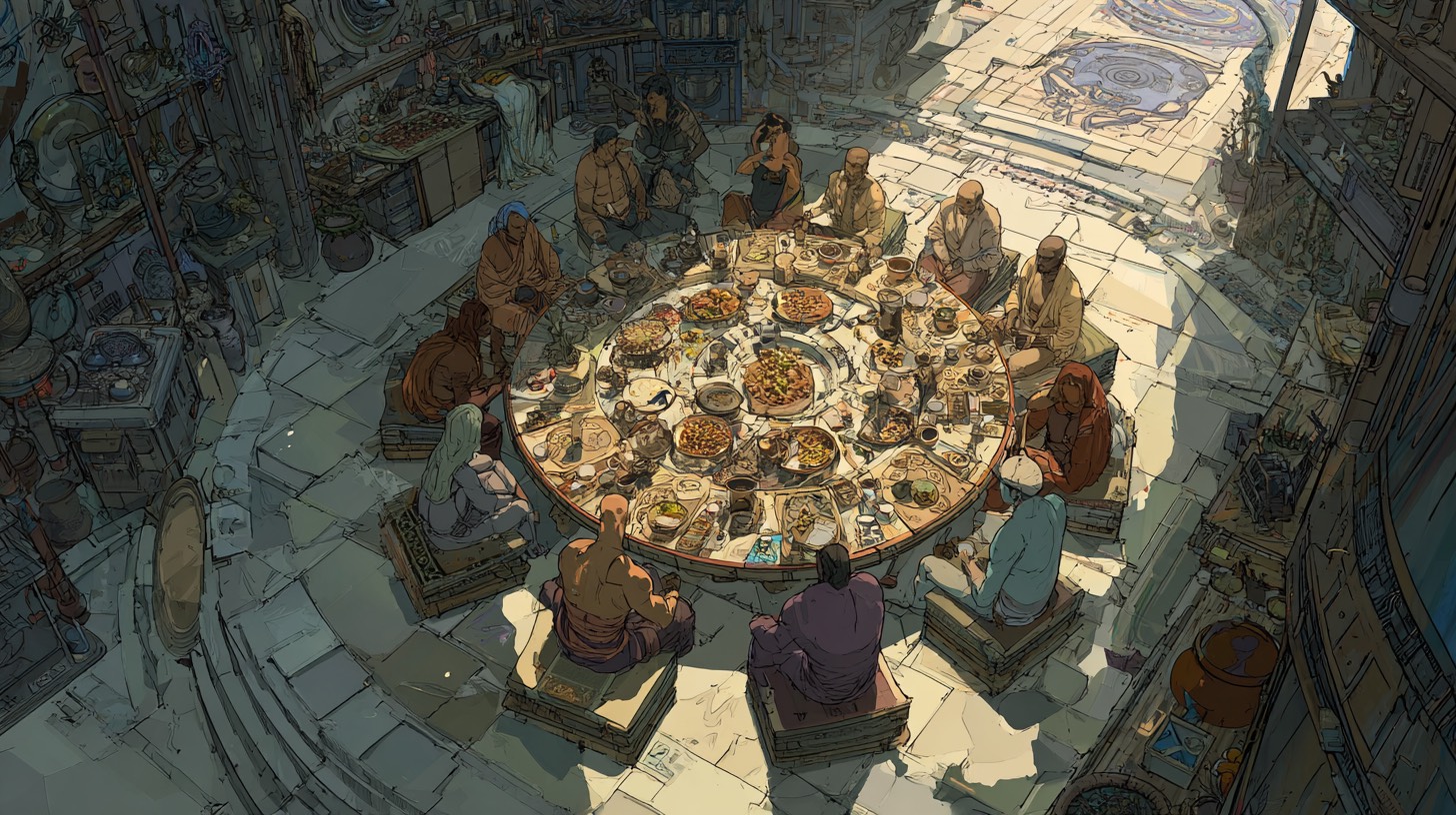 Solstice Grove main house kitchen, diverse community gathering for breakfast