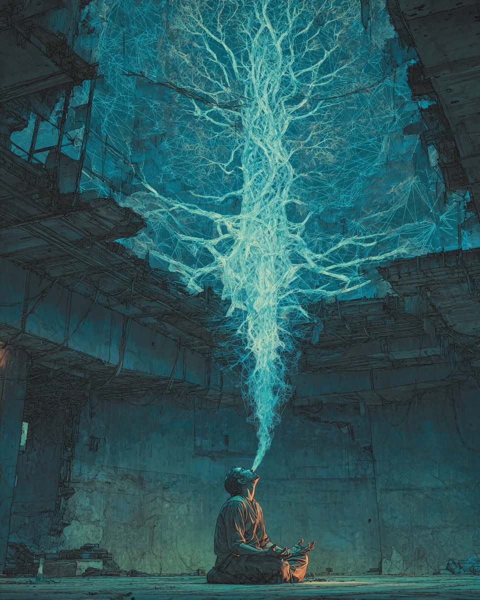 Young man in lotus position exhaling visible breath that grows like tree