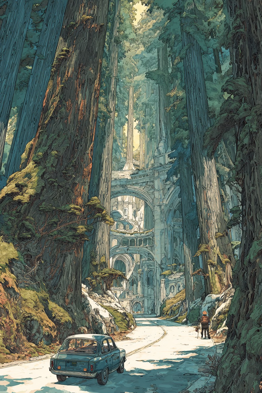 Car winding through Marin County redwood forest on mountain road