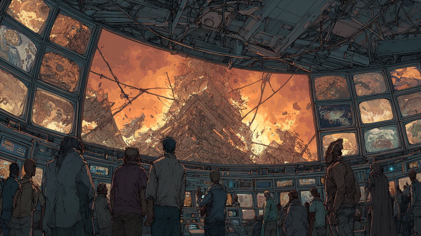 Multiple television screens showing Twin Towers burning, diverse group watching