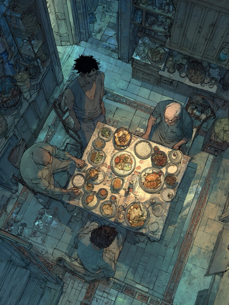 Athens family dinner table, worried parents