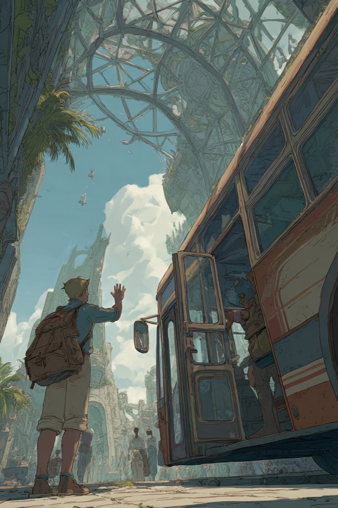 Tulum bus pulling out of station, Oliver standing outside waving goodb