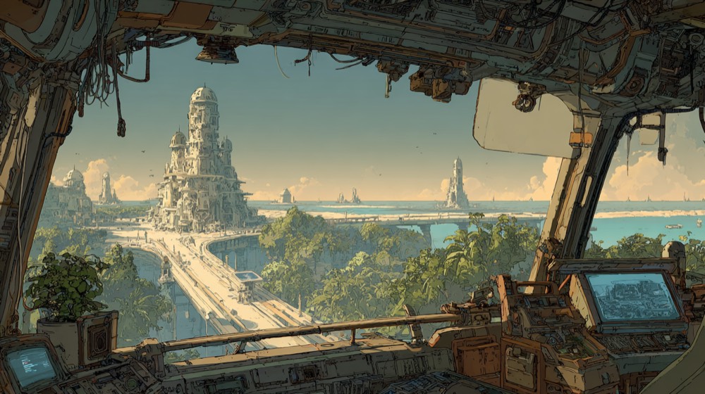 Bus window perspective showing Cancun skyline fading on horizon, const