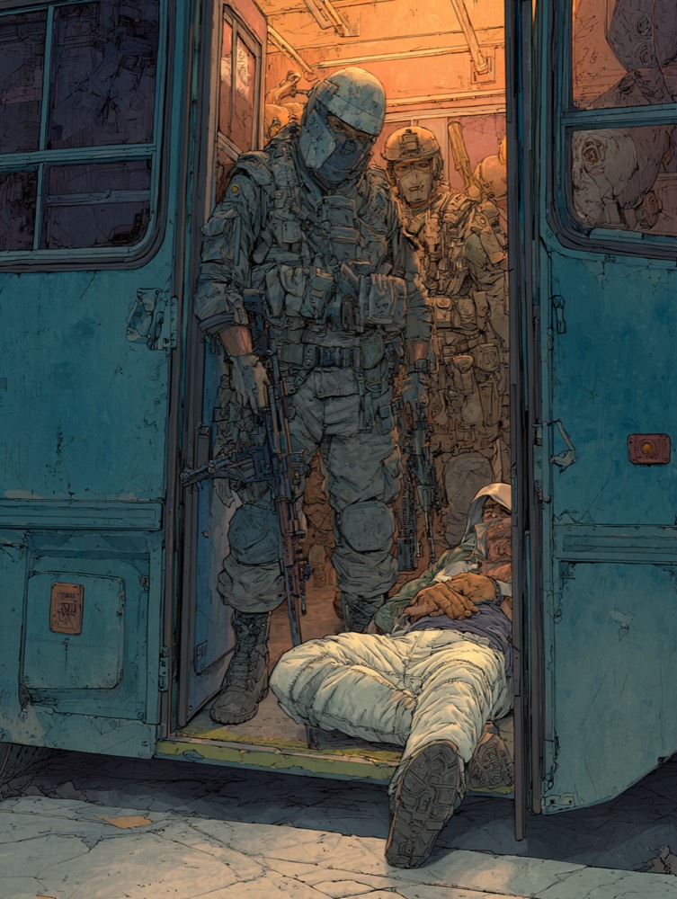 Mexican military checkpoint with armed soldiers boarding bus, Tarquin