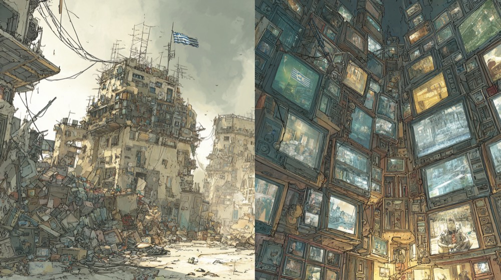 Split composition showing before and after, left panel Greek TV with f