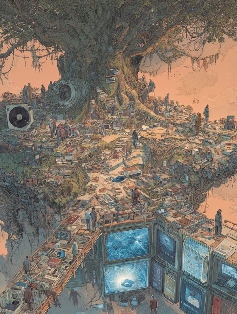 Montage showing 1975-1985 generation straddling both worlds, left side