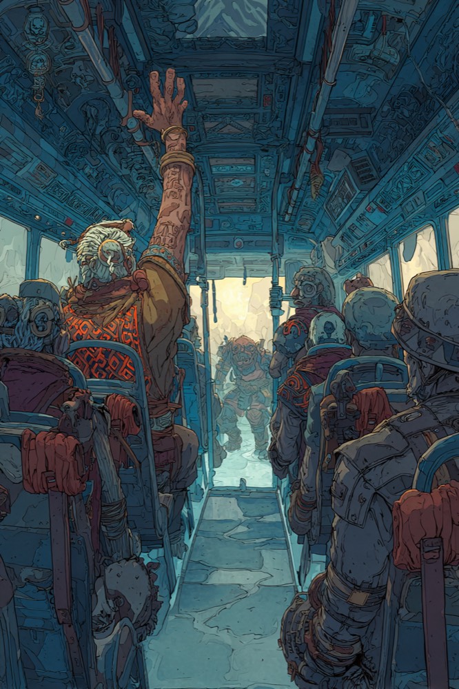 Bus aisle with Tarquin making triangular pyramid shape with hands abov