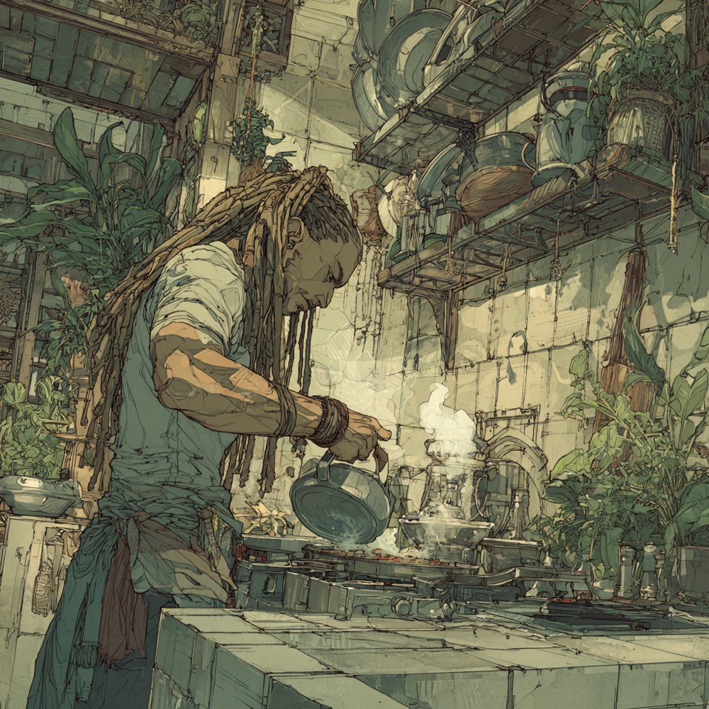 Retreat kitchen with Dario mid-30s long dreadlocks to waist making tea