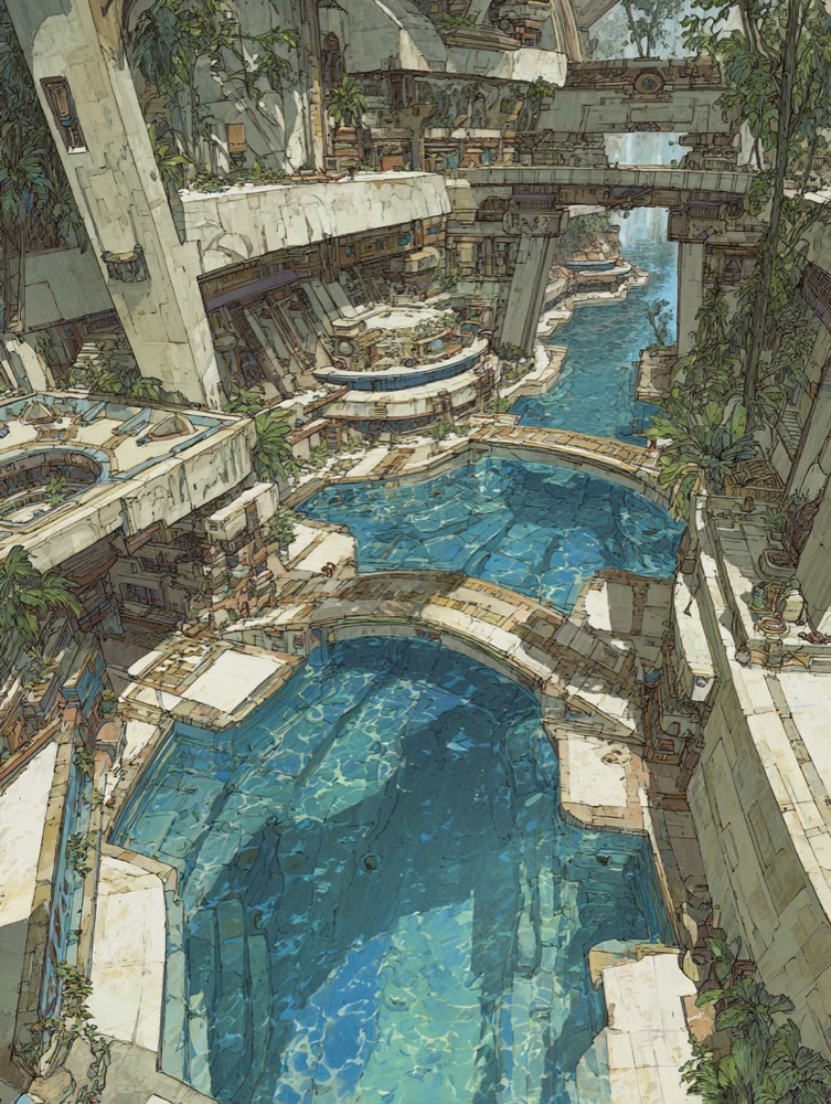 Mayan Palace interior with river flowing through stone architecture