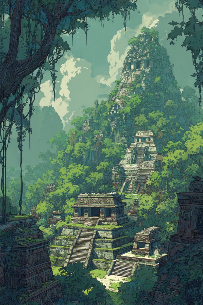 Palenque Mayan temple complex emerging from dense jungle canopy