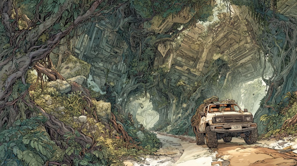 Pickup truck driving down muddy twisty jungle road