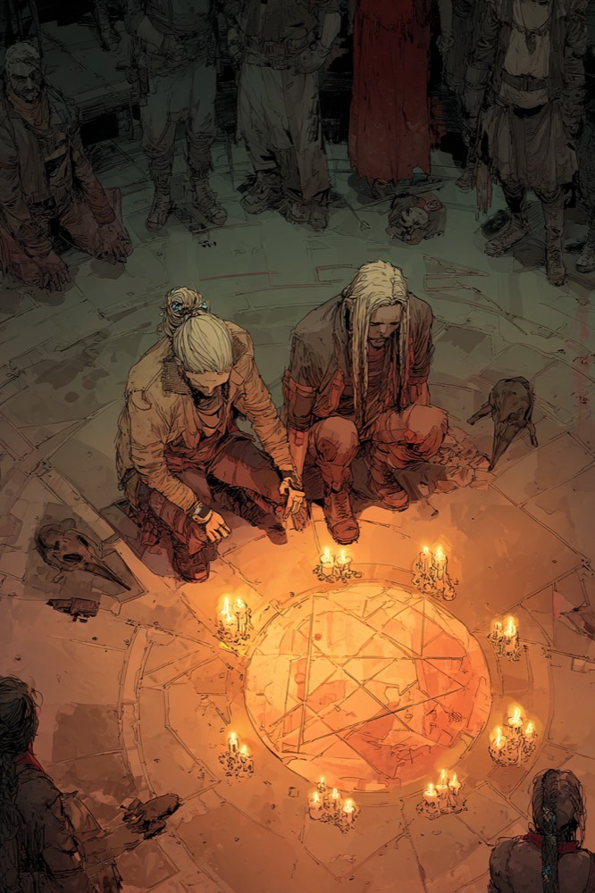 Candlelit circle of travelers sharing fears, Swedish couple holding hands