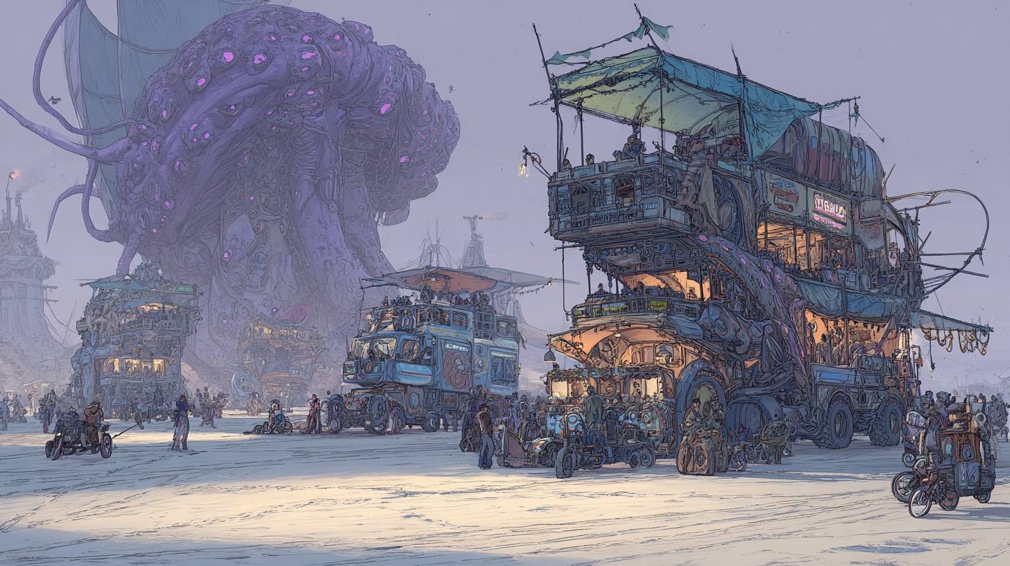  Multiple art cars driving across playa, glowing octopus vehicle, giant