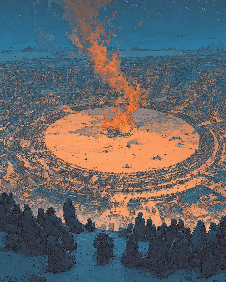  Massive circle of thirty-five thousand people watching fifty-foot Man