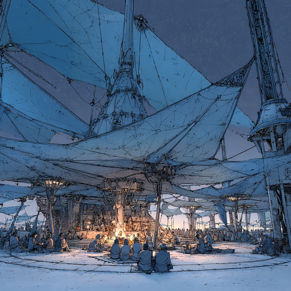  Burning Man trance camp with full outdoor sound system, people giving